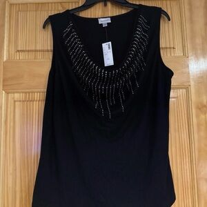 Avenue Black Sleeveless Tank with Rhinestone Cowl Neck